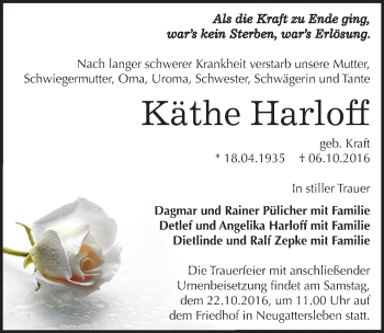 Traueranzeige von Käthe Harloff von Mitteldeutsche Zeitung Bernburg