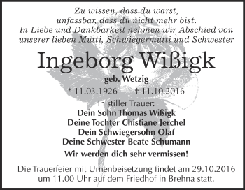 Traueranzeige von Ingeborg Wißigk von WVG - Wochenspiegel Bitterfeld