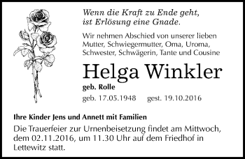 Traueranzeige von Helga Winkler von Mitteldeutsche Zeitung Halle/Saalkreis
