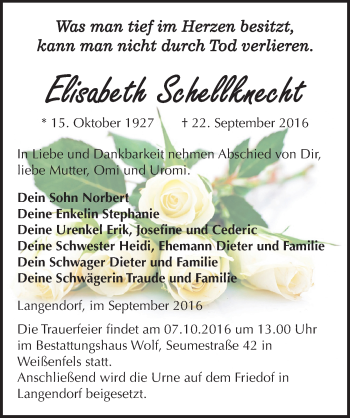 Traueranzeige von Elisabeth Schellknecht von Mitteldeutsche Zeitung Weißenfels