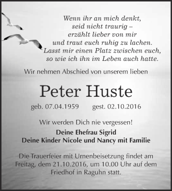 Traueranzeige von Peter Huste von WVG - Wochenspiegel Bitterfeld