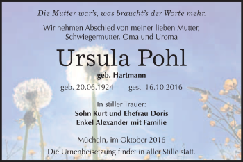 Traueranzeige von Ursula Pohl von WVG - Wochenspiegel Merseburg
