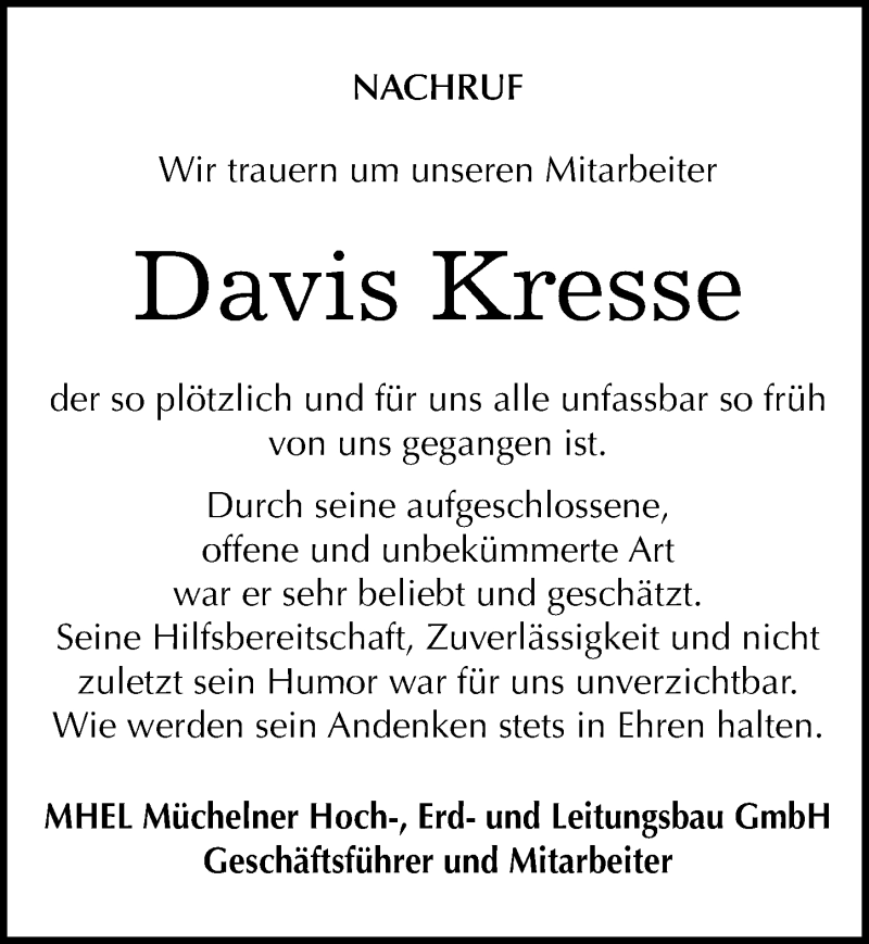  Traueranzeige für Davis Kresse vom 15.10.2016 aus Mitteldeutsche Zeitung Merseburg/Querfurt