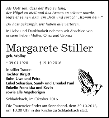 Traueranzeige von Margarete Stiller von Mitteldeutsche Zeitung Merseburg/Querfurt