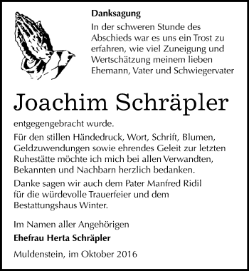 Traueranzeige von Joachim Schräpler von Mitteldeutsche Zeitung Bitterfeld