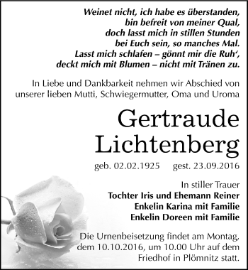 Traueranzeige von Gertraude Lichtenberg von Mitteldeutsche Zeitung Bernburg