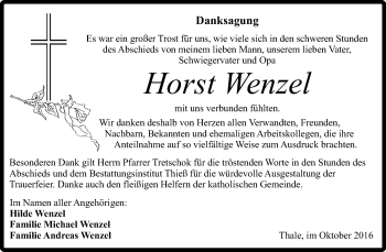 Traueranzeige von Horst Wenzel von Super Sonntag Quedlinburg