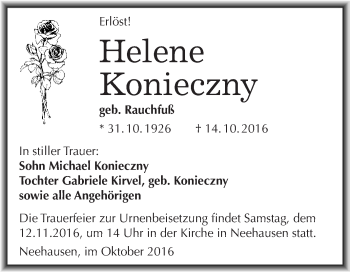 Traueranzeige von Helene Konieczny von Wochenspiegel Mansfelder Land