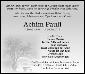 Traueranzeige von Achim Pauli von Mitteldeutsche Zeitung Köthen