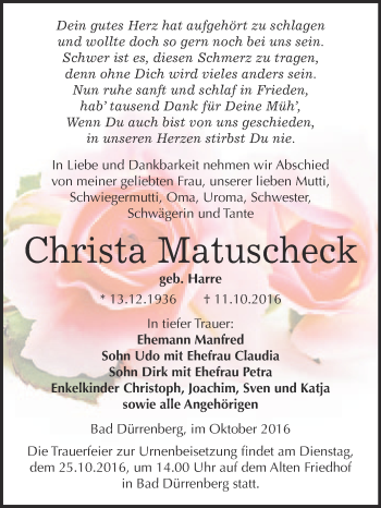 Traueranzeige von Christa Matuscheck von Super Sonntag Merseburg