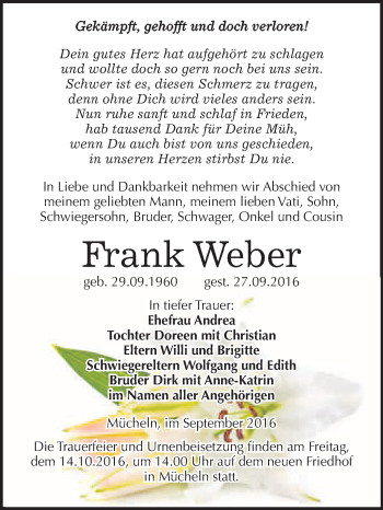 Traueranzeige von Frank Weber von WVG - Wochenspiegel Merseburg