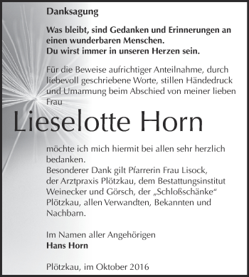 Traueranzeige von Lieselotte Horn von Super Sonntag Bernburg