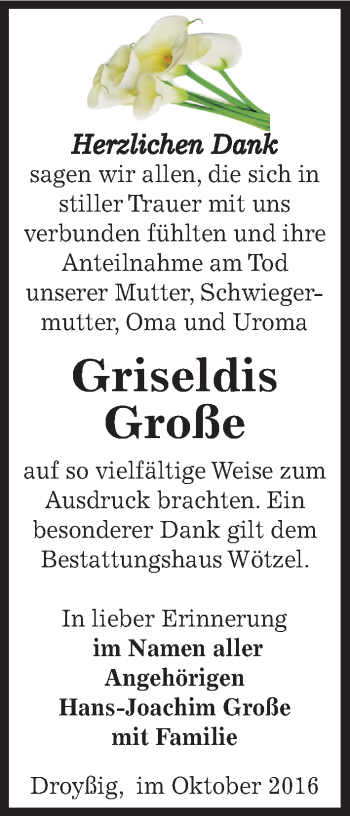 Traueranzeige von Griseldis Große von Mitteldeutsche Zeitung Zeitz