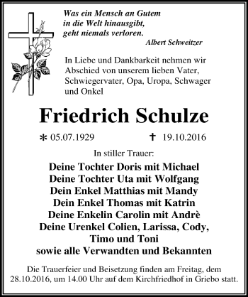 Traueranzeige von Friedrich Schulze von Mitteldeutsche Zeitung Wittenberg