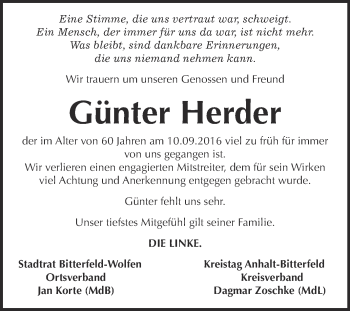 Traueranzeige von Günter Herder von WVG - Wochenspiegel Bitterfeld