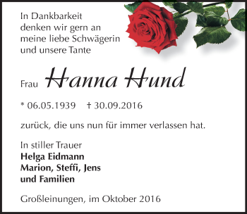 Traueranzeige von Hanna Hund von Mitteldeutsche Zeitung Sangerhausen