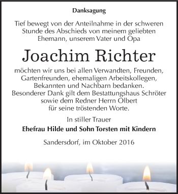 Traueranzeige von Joachim Richter von Mitteldeutsche Zeitung Bitterfeld