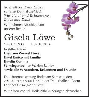 Traueranzeige von Gisela Löwe von Mitteldeutsche Zeitung Wittenberg