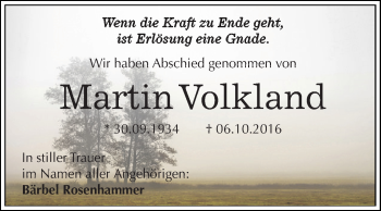 Traueranzeige von Martin Volkland von WVG - Wochenspiegel Dessau / Köthen
