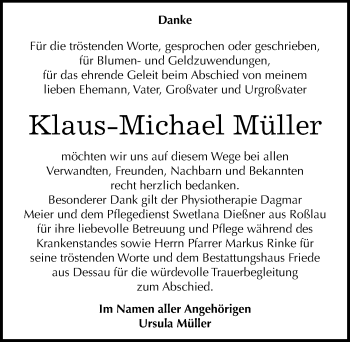Traueranzeige von Klaus-Michael Müller von Mitteldeutsche Zeitung Dessau-Roßlau