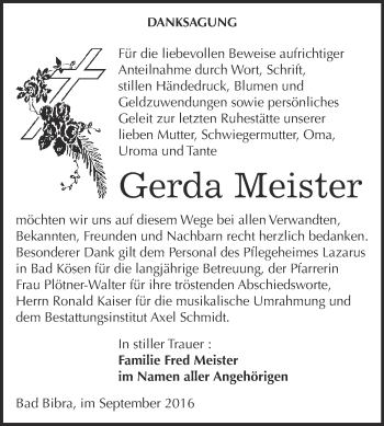 Traueranzeige von Gerda Meister von WVG - Wochenspiegel NMB / WSF / ZTZ