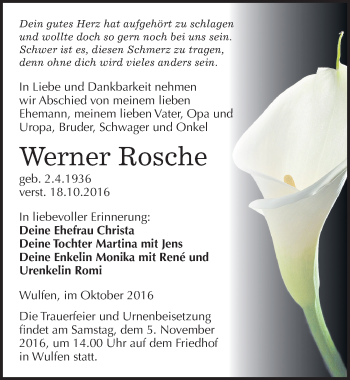 Traueranzeige von Werner Rosche von Mitteldeutsche Zeitung Köthen