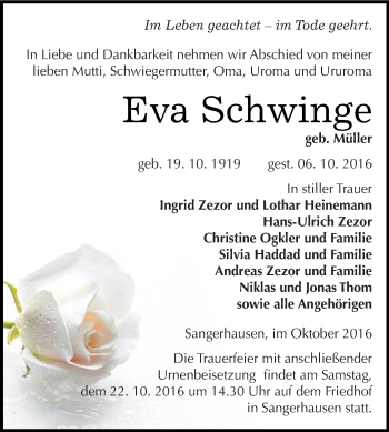 Traueranzeige von Eva Schwinge von Super Sonntag SGH Mansf. Land