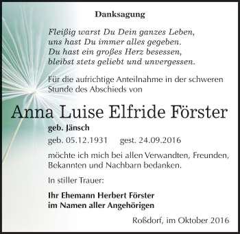 Traueranzeige von Anna Luise Elfride Förster von Mitteldeutsche Zeitung Bitterfeld