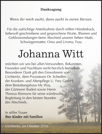 Traueranzeige von Johanna Witt von Mitteldeutsche Zeitung Weißenfels