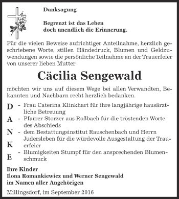 Traueranzeige von Cäcilia Sengewald von WVG - Wochenspiegel NMB / WSF / ZTZ