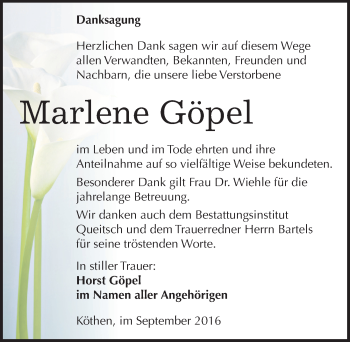 Traueranzeige von Marlene Göpel von Mitteldeutsche Zeitung Köthen