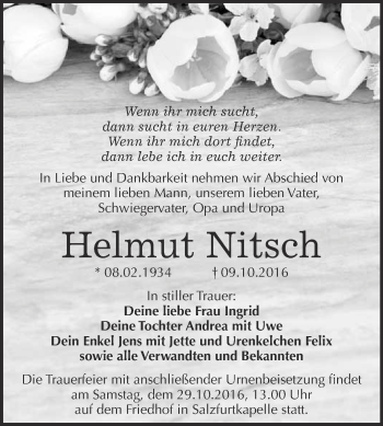 Traueranzeige von Helmut Nitsch von WVG - Wochenspiegel Bitterfeld
