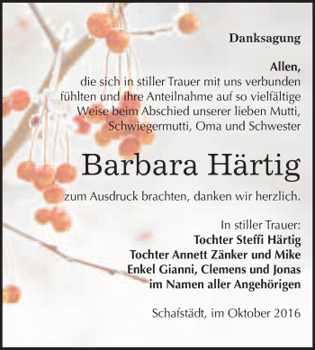 Traueranzeige von Barbara Härtig von WVG - Wochenspiegel Merseburg
