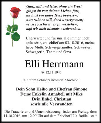 Traueranzeige von Elli Herrmann von WVG - Wochenspiegel Dessau / Köthen