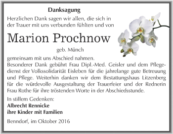 Traueranzeige von Marion Prochnow von Wochenspiegel Mansfelder Land