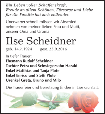 Traueranzeige von Ilse Scheidner von Mitteldeutsche Zeitung Weißenfels