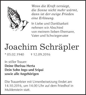 Traueranzeige von Joachim Schräpler von WVG - Wochenspiegel Bitterfeld
