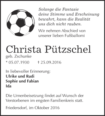 Traueranzeige von Christa Pützschel von WVG - Wochenspiegel Bitterfeld