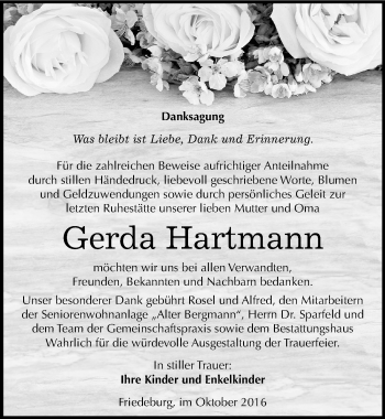 Traueranzeige von Gerda Hartmann von Mitteldeutsche Zeitung Mansfelder Land