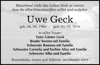 Traueranzeige von Uwe Geck von Mitteldeutsche Zeitung Merseburg/Querfurt