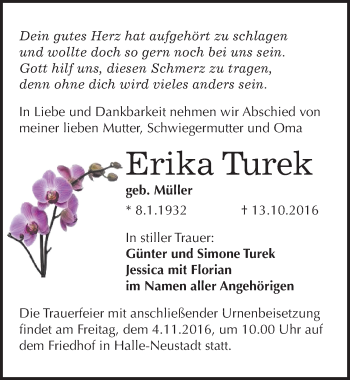 Traueranzeige von Erika Turek von Mitteldeutsche Zeitung Halle/Saalkreis