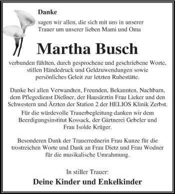 Traueranzeige von Martha Busch von WVG - Wochenspiegel Dessau / Köthen