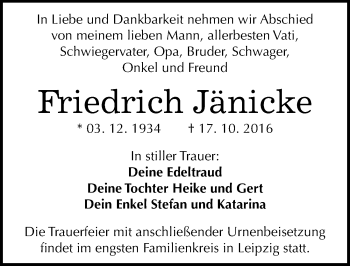 Traueranzeige von Friedrich Jänicke von Mitteldeutsche Zeitung Halle/Saalkreis
