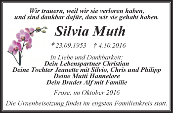 Traueranzeige von Silvia Muth von Mitteldeutsche Zeitung Aschersleben