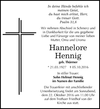 Traueranzeige von Hannelore Hennig von Mitteldeutsche Zeitung Halle/Saalkreis