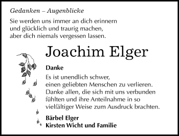 Traueranzeige von Joachim Elger von Mitteldeutsche Zeitung Merseburg/Querfurt