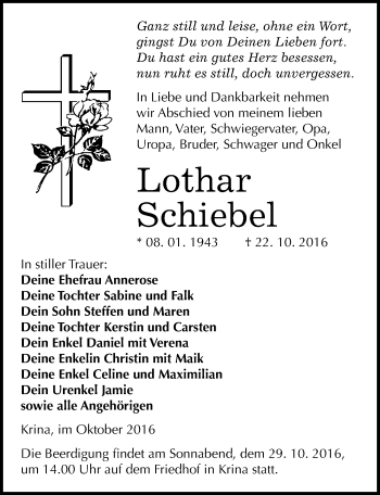Traueranzeige von Lothar Schiebel von Mitteldeutsche Zeitung Bitterfeld