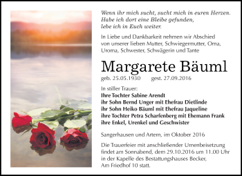 Traueranzeige von Margarete Bäuml von Super Sonntag SGH Mansf. Land