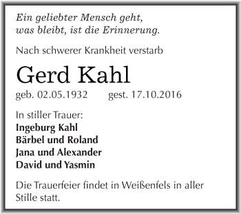 Traueranzeige von Gerd Kahl von WVG - Wochenspiegel NMB / WSF / ZTZ