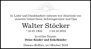 Traueranzeige von Walter Stöcker von Mitteldeutsche Zeitung Dessau-Roßlau